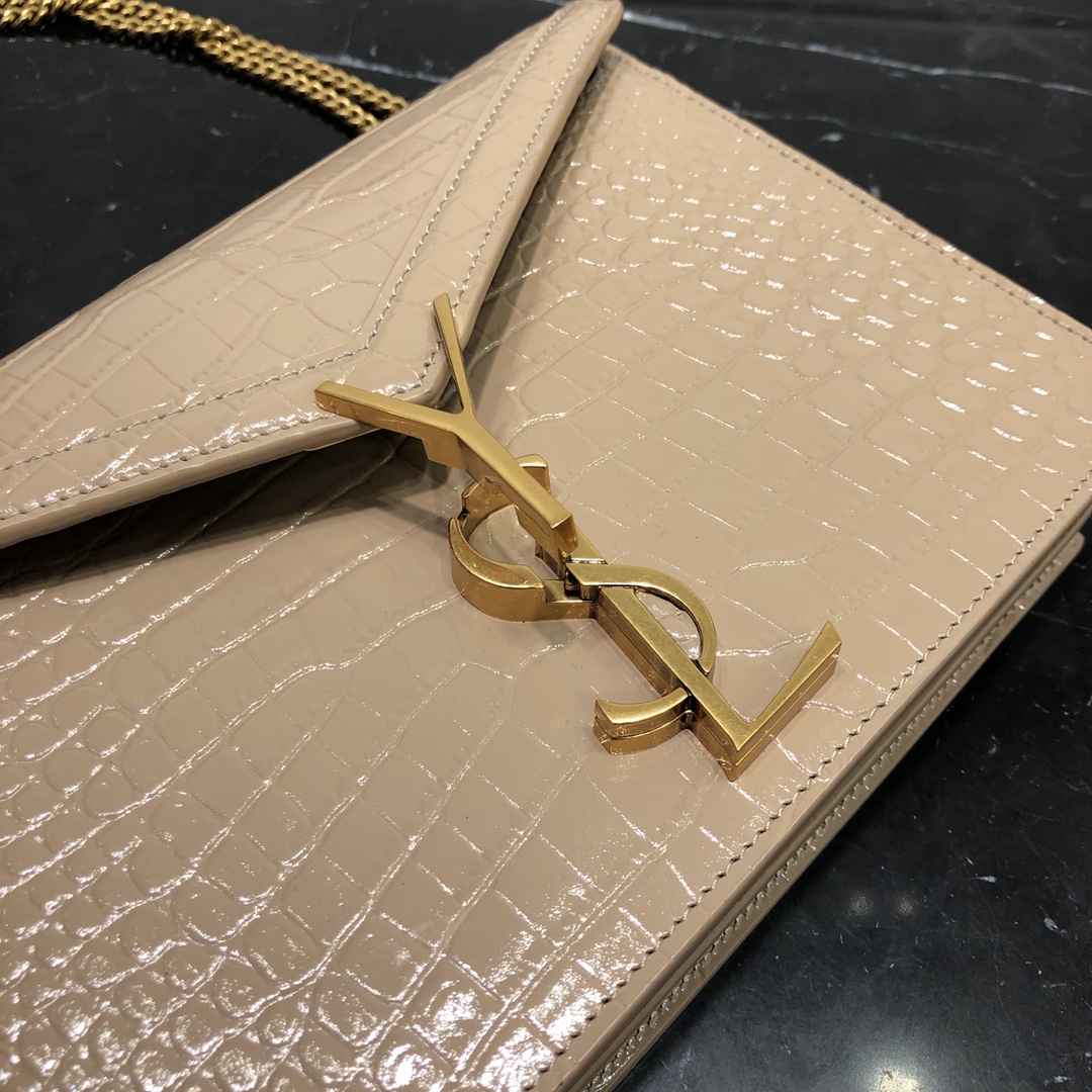 Saint Laurent Cassandera Medium Crocodile Embossed Bright Calfskin Shoulder Bag Light Apricot 532750